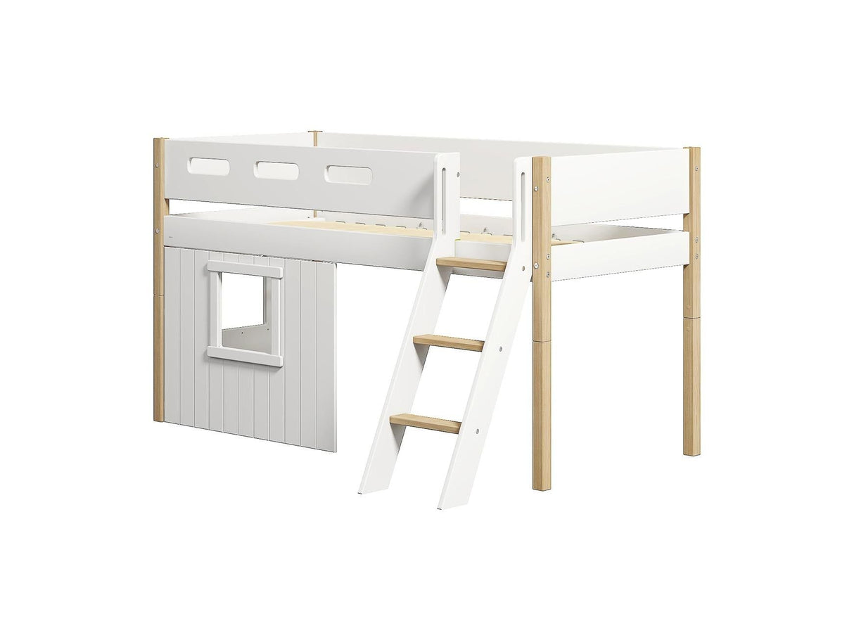 FLEXA Nor Mid Sleeper Bed, slanting ladder & Treehouse Bed Fronts, white frame, MDF/Solid oak, 90x200 cm