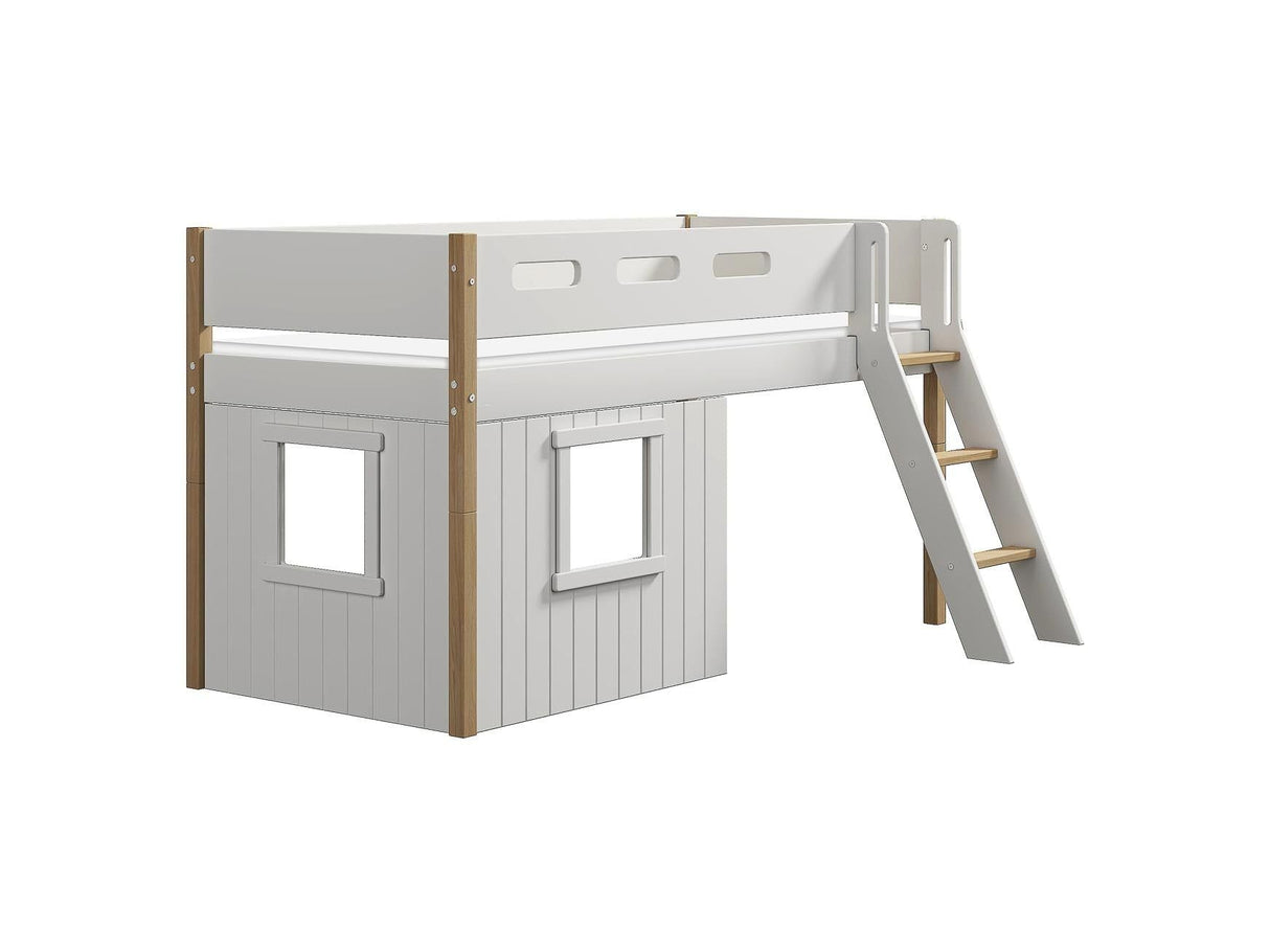FLEXA Nor Mid Sleeper Bed, slanting ladder & Treehouse Bed Fronts, white frame, MDF/Solid oak, 90x200 cm