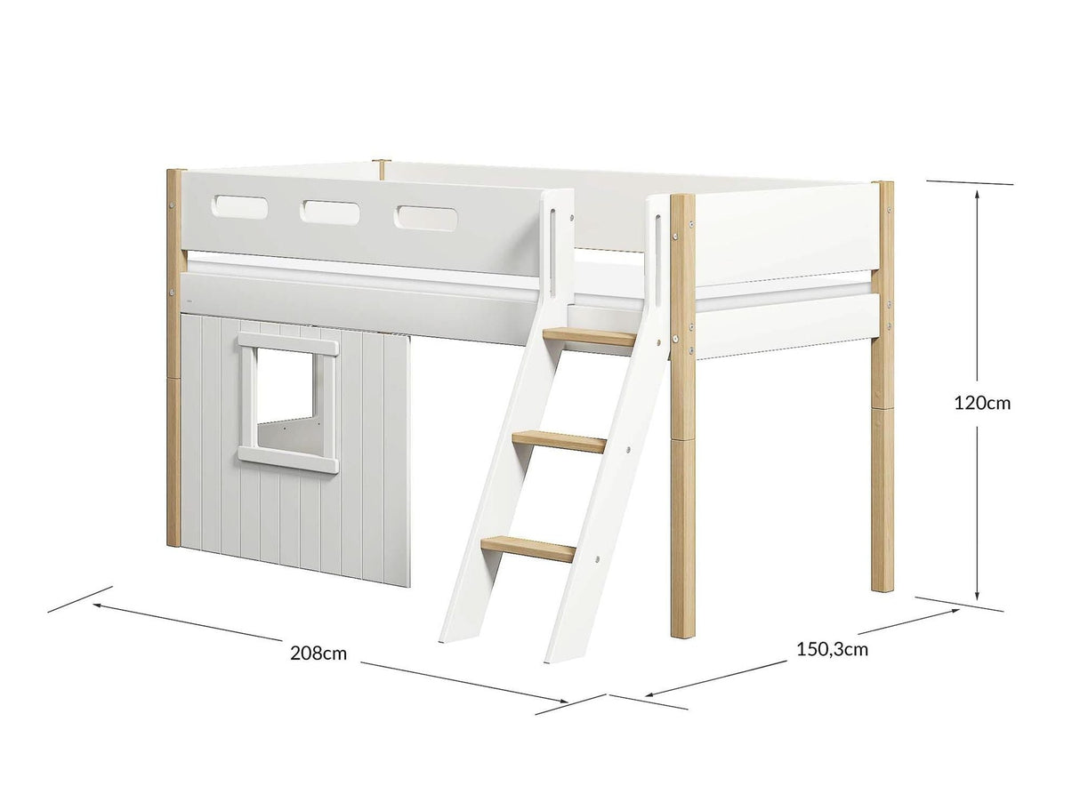 FLEXA Nor Mid Sleeper Bed, slanting ladder & Treehouse Bed Fronts, white frame, MDF/Solid oak, 90x200 cm