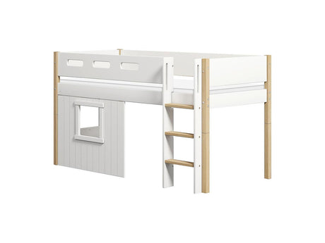 FLEXA Nor Mid Sleeper Bed with straight ladder & Treehouse Bed Fronts, white frame, MDF/Solid oak, 90x200 cm
