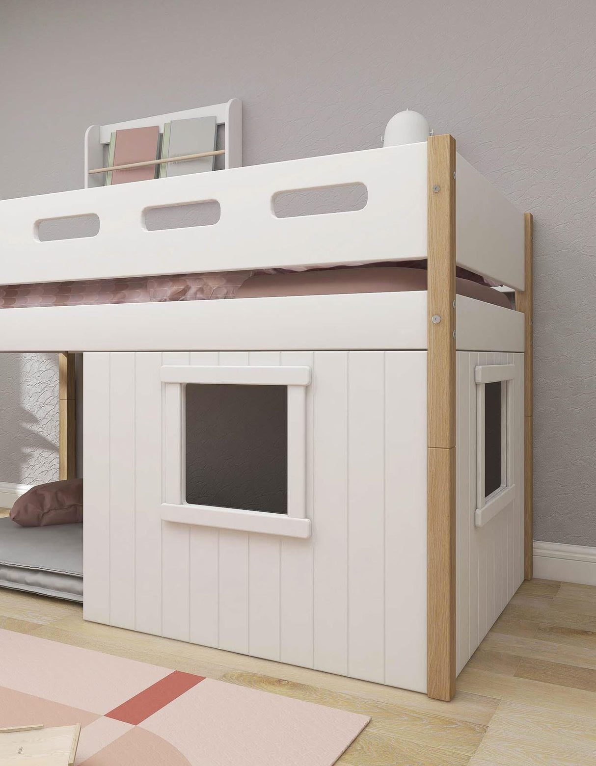 FLEXA Nor Mid Sleeper Bed with straight ladder & Treehouse Bed Fronts, white frame, MDF/Solid oak, 90x200 cm