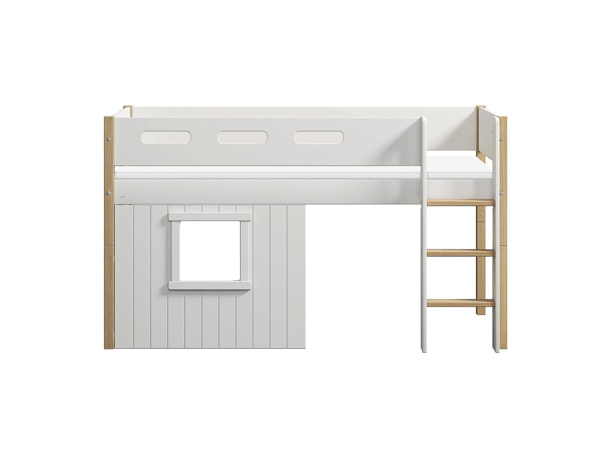 FLEXA Nor Mid Sleeper Bed with straight ladder & Treehouse Bed Fronts, white frame, MDF/Solid oak, 90x200 cm