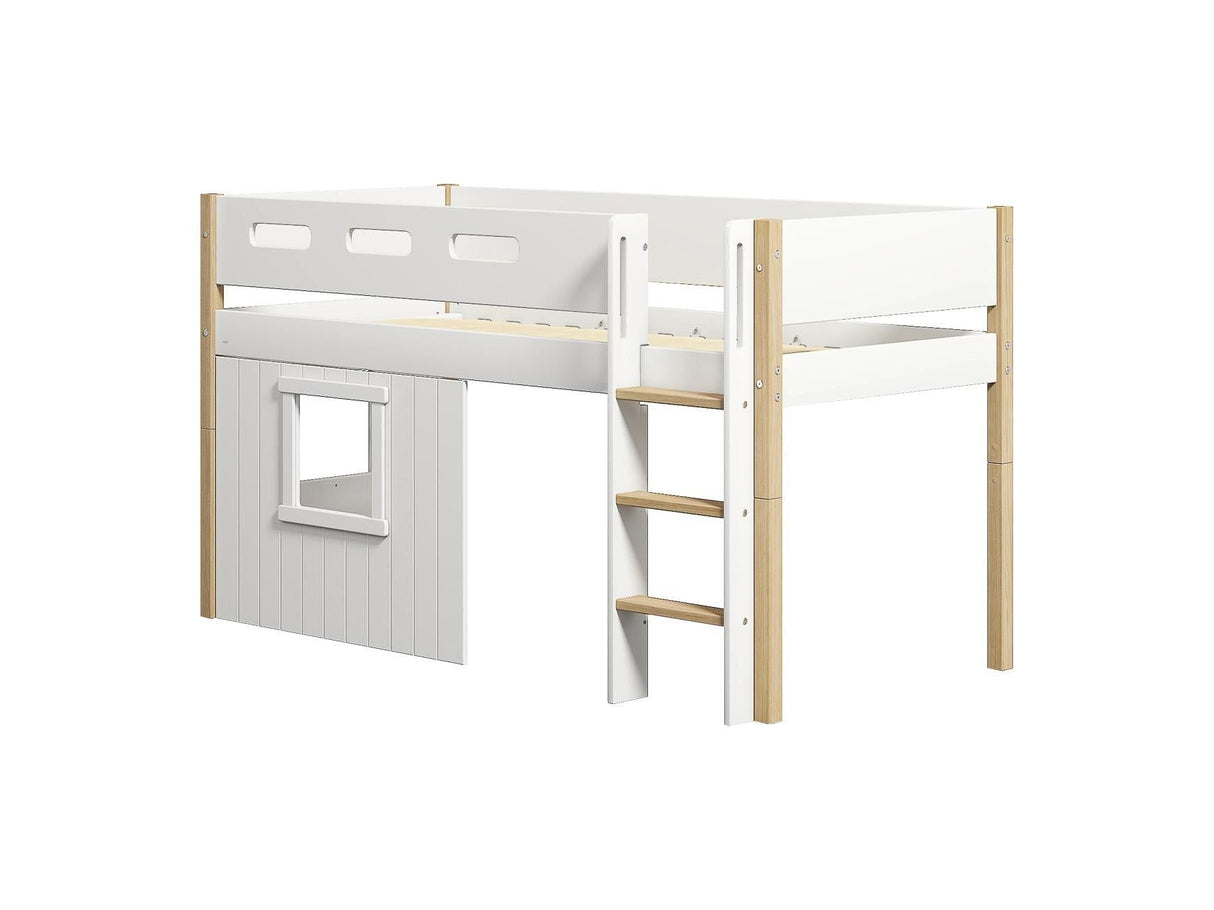 FLEXA Nor Mid Sleeper Bed with straight ladder & Treehouse Bed Fronts, white frame, MDF/Solid oak, 90x200 cm