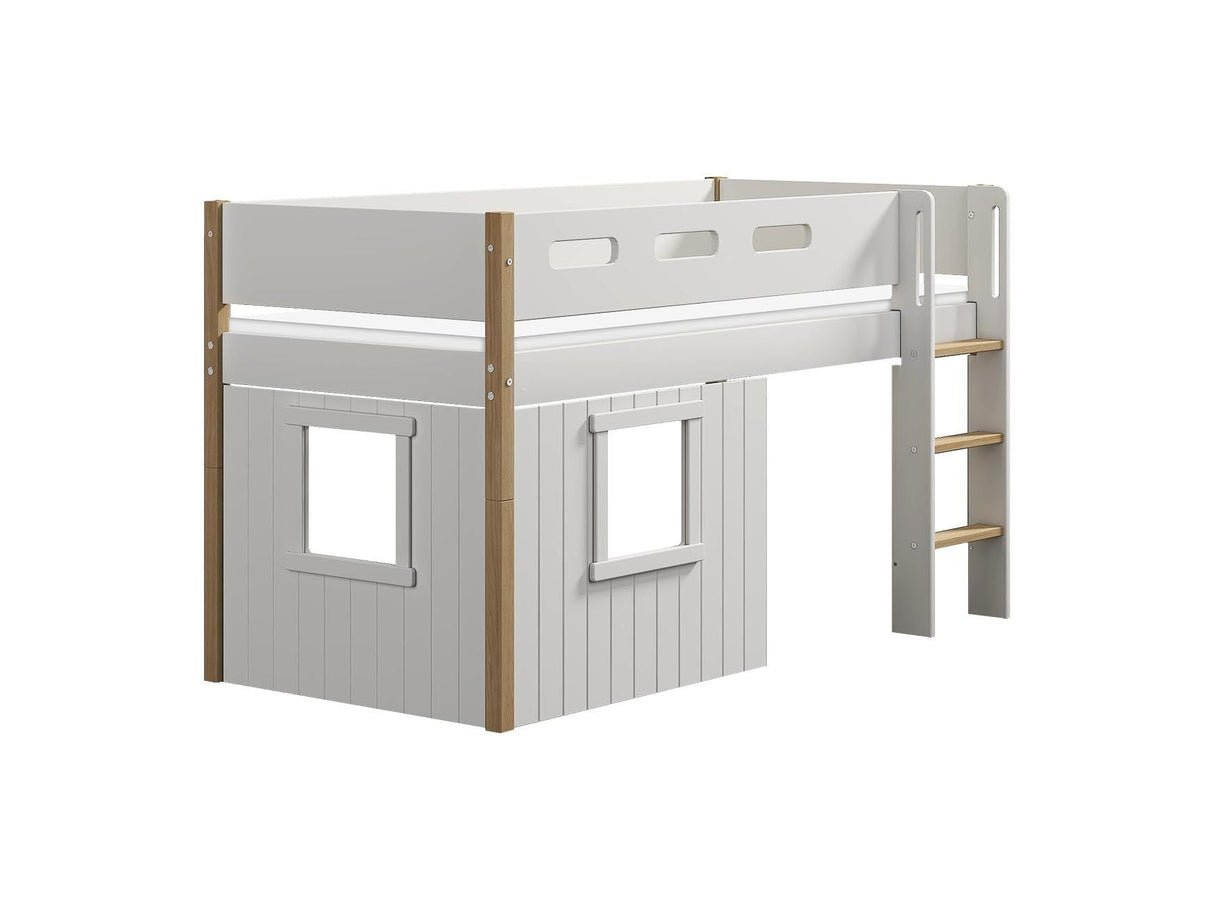FLEXA Nor Mid Sleeper Bed with straight ladder & Treehouse Bed Fronts, white frame, MDF/Solid oak, 90x200 cm