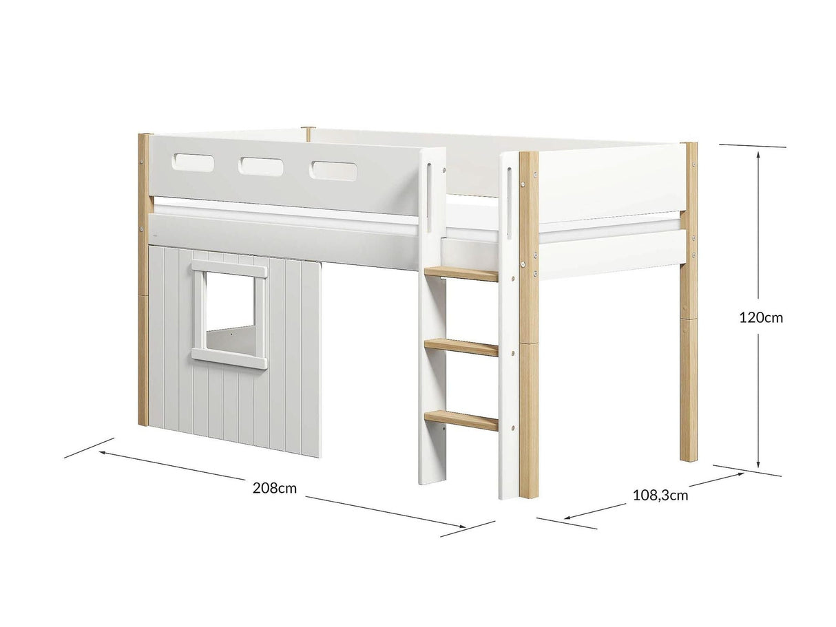 FLEXA Nor Mid Sleeper Bed with straight ladder & Treehouse Bed Fronts, white frame, MDF/Solid oak, 90x200 cm