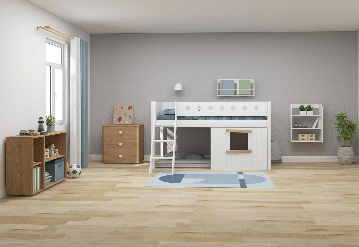 FLEXA Mid Sleeper Bed, slanted ladder & Treehouse Bed Fronts, oak frame, MDF/Solid Pine, 90x200 cm