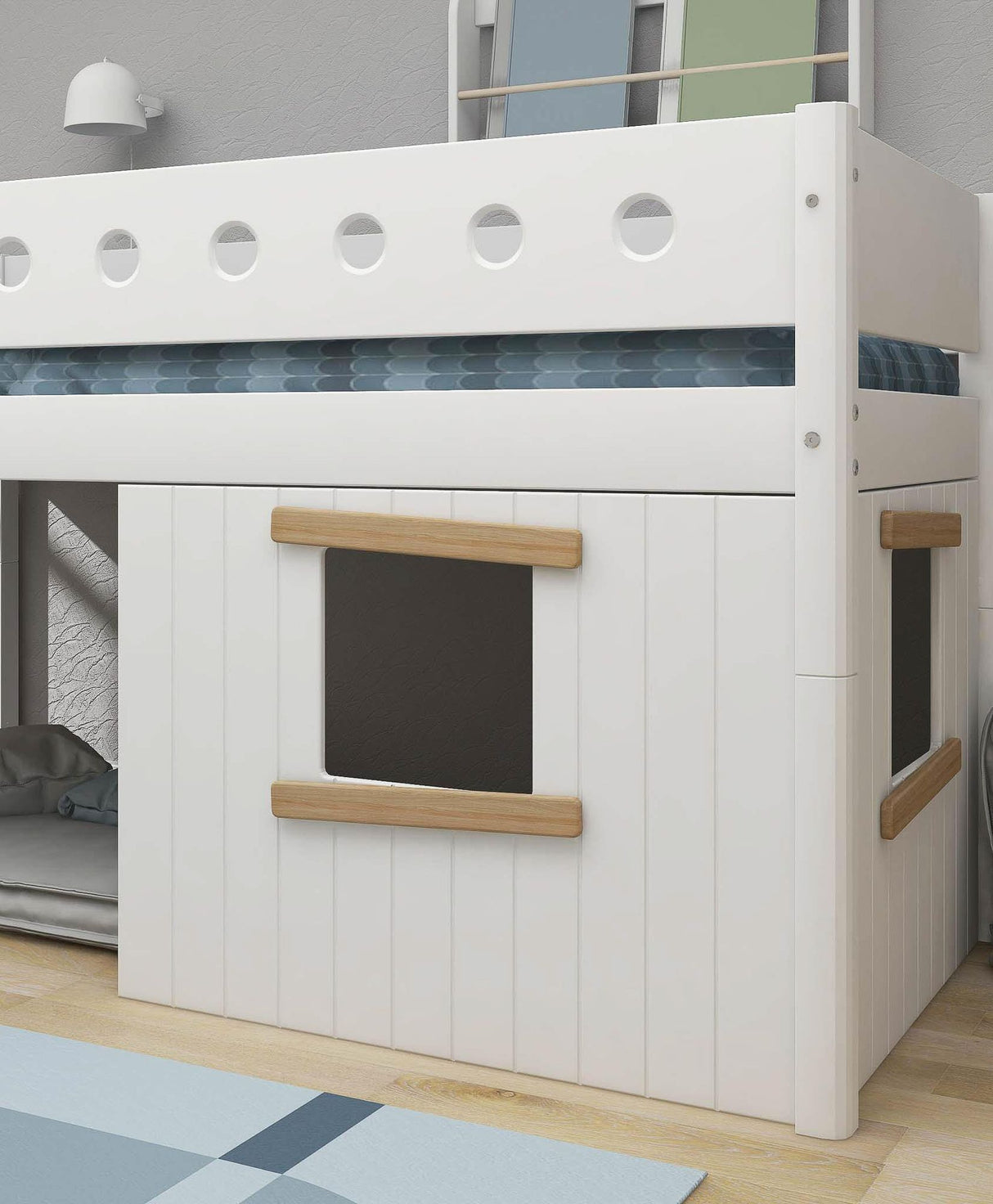 FLEXA Mid Sleeper Bed, slanted ladder & Treehouse Bed Fronts, oak frame, MDF/Solid Pine, 90x200 cm