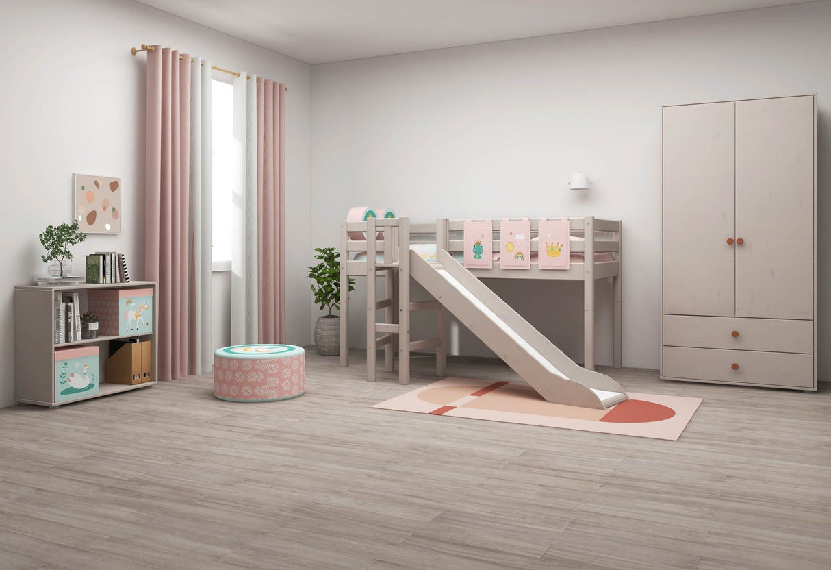 FLEXA Mid Sleeper Bed with platform and slide, Solid Pine/Birch Plywood, 90x200 cm