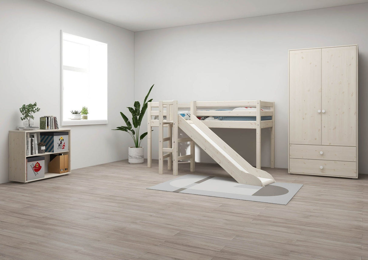 FLEXA Mid Sleeper Bed with platform and slide, Solid Pine/Birch Plywood, 90x200 cm