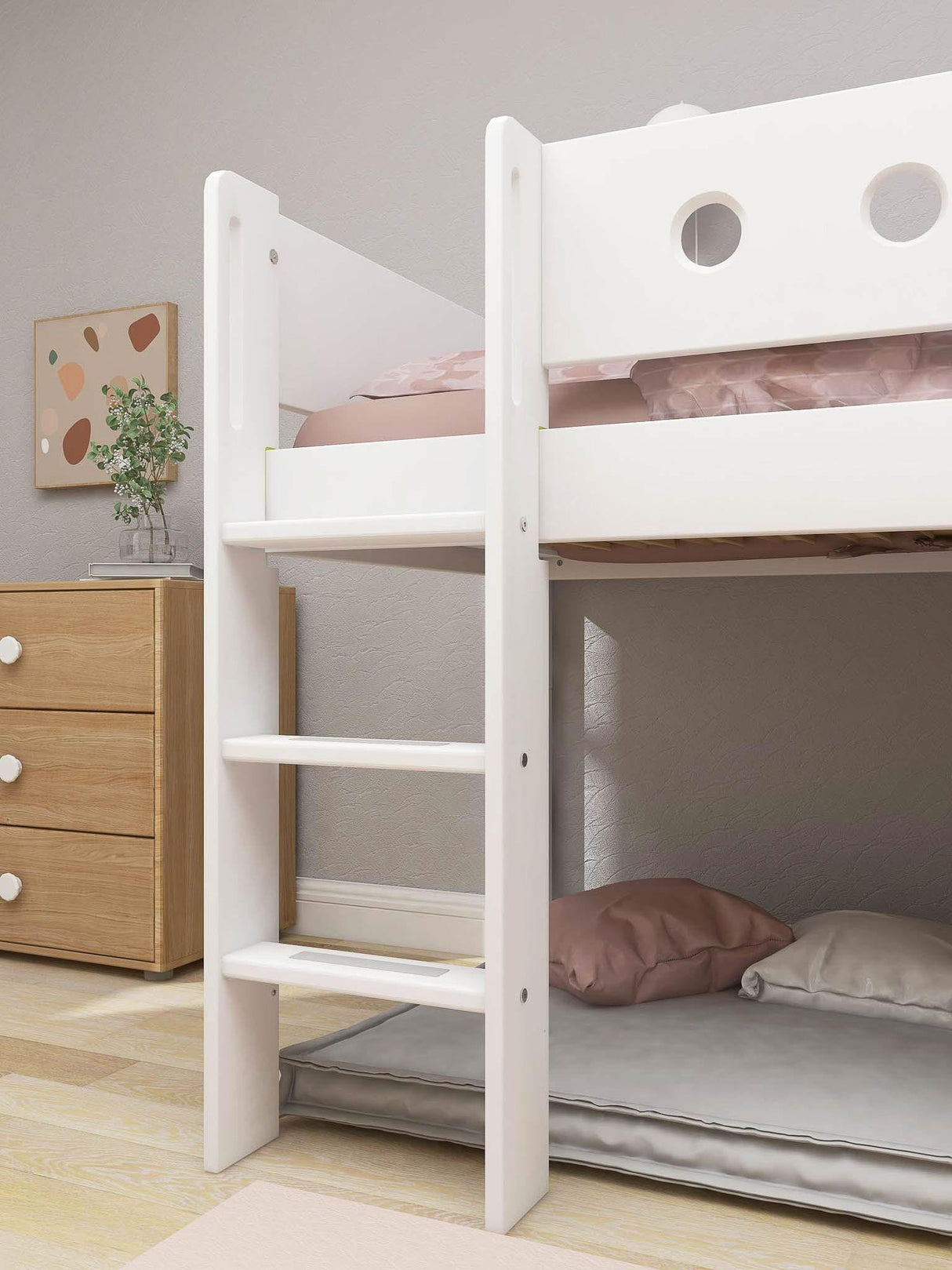 FLEXA Mid Sleeper Bed, straight ladder & Treehouse Bed Fronts, oak frame, MDF/Solid Pine, 90x200 cm