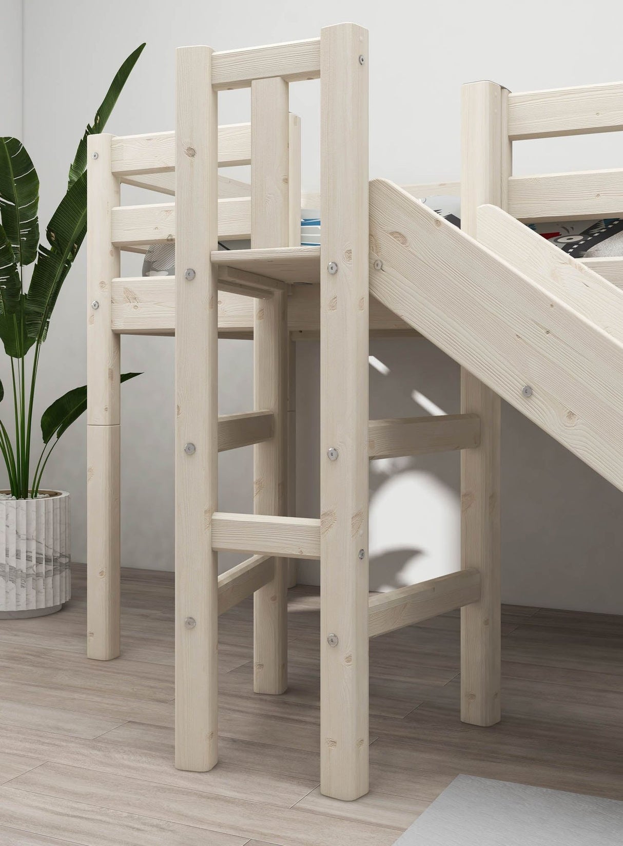 FLEXA Mid Sleeper Bed with platform and slide, Solid Pine/Birch Plywood, 90x200 cm