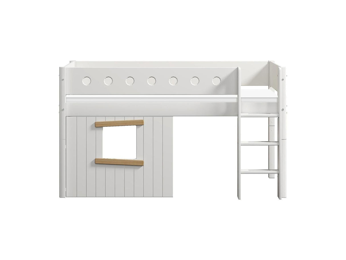 FLEXA Mid Sleeper Bed, straight ladder & Treehouse Bed Fronts, oak frame, MDF/Solid Pine, 90x200 cm