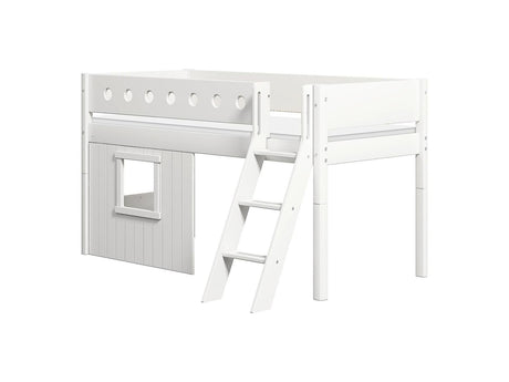 FLEXA Mid Sleeper Bed, slanted ladder & Treehouse Bed Fronts, white frame, MDF/Solid Pine, 90x200 cm