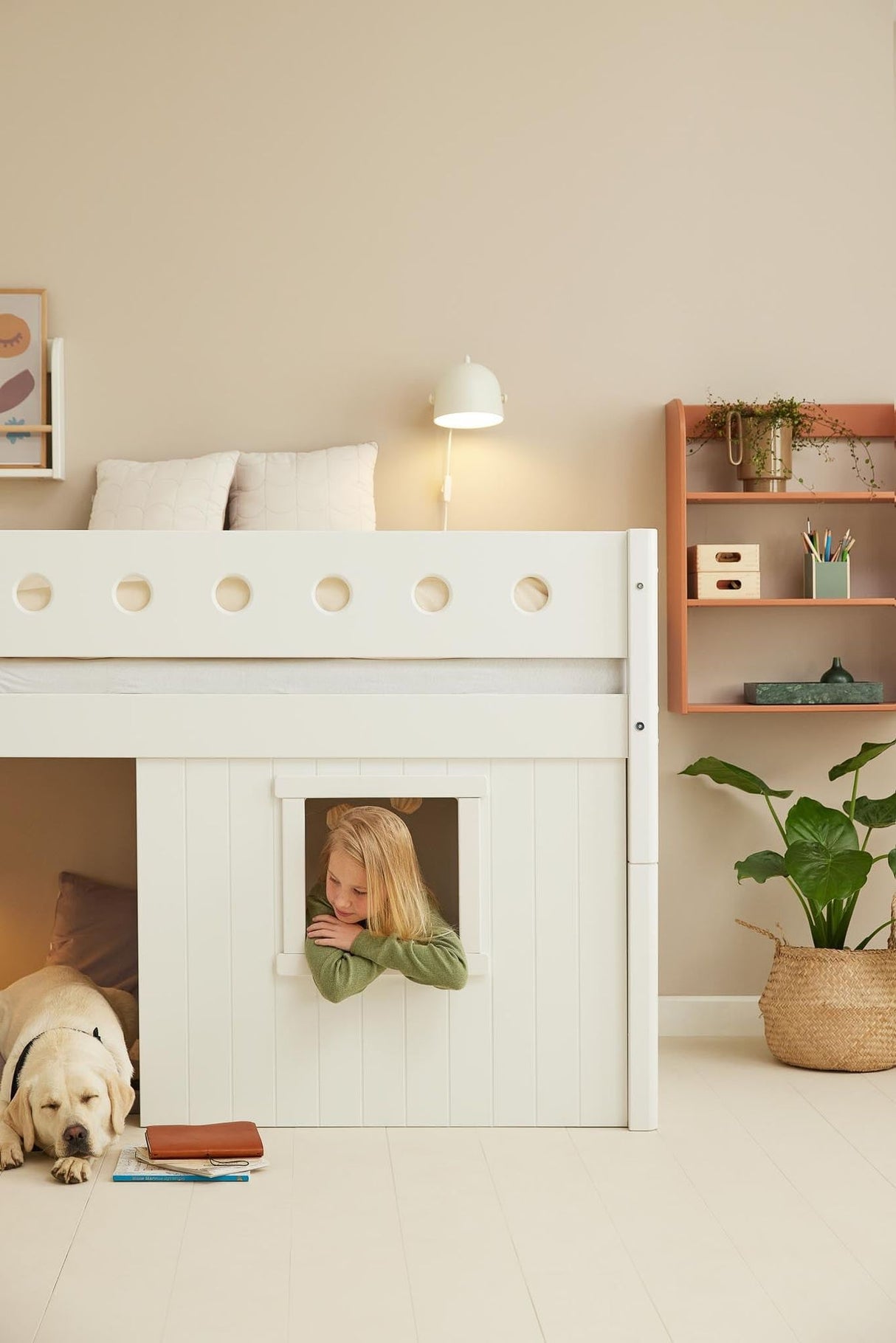 FLEXA Mid Sleeper Bed, slanted ladder & Treehouse Bed Fronts, white frame, MDF/Solid Pine, 90x200 cm