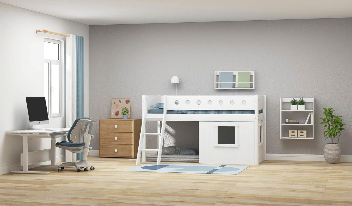 FLEXA Mid Sleeper Bed, slanted ladder & Treehouse Bed Fronts, white frame, MDF/Solid Pine, 90x200 cm