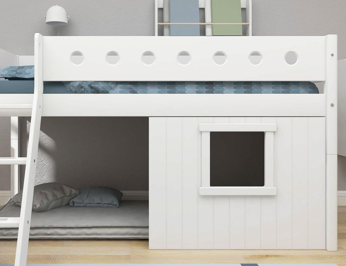 FLEXA Mid Sleeper Bed, slanted ladder & Treehouse Bed Fronts, white frame, MDF/Solid Pine, 90x200 cm