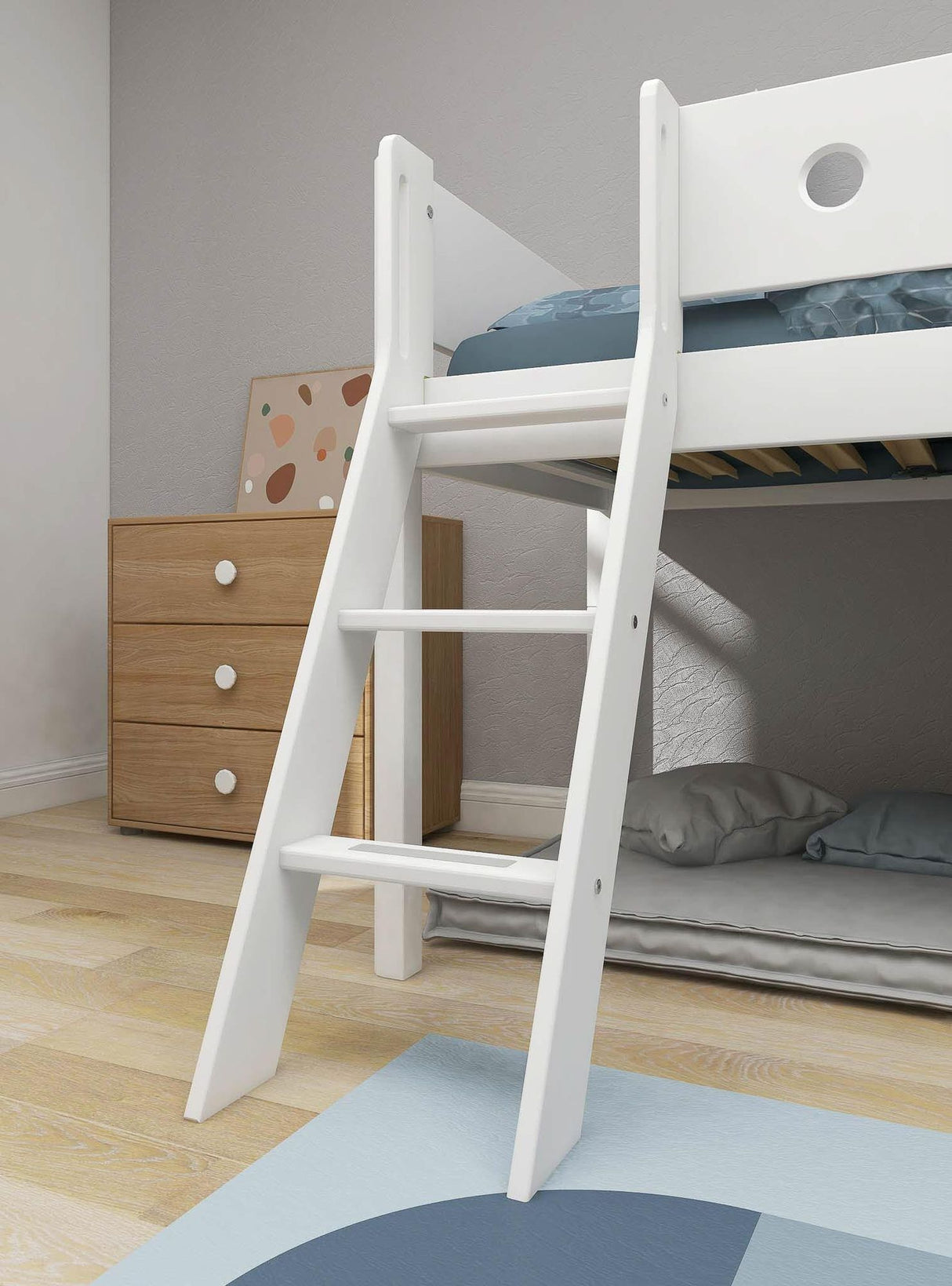 FLEXA Mid Sleeper Bed, slanted ladder & Treehouse Bed Fronts, white frame, MDF/Solid Pine, 90x200 cm