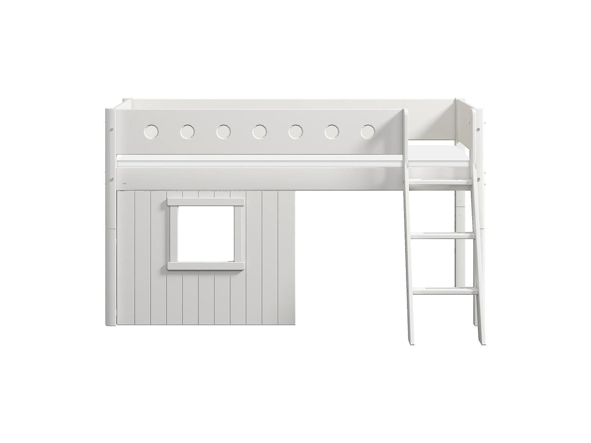 FLEXA Mid Sleeper Bed, slanted ladder & Treehouse Bed Fronts, white frame, MDF/Solid Pine, 90x200 cm