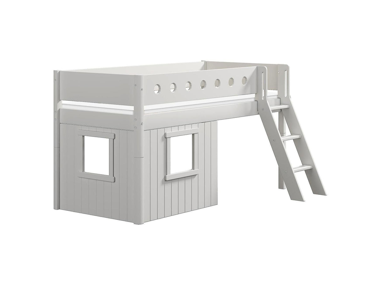 FLEXA Mid Sleeper Bed, slanted ladder & Treehouse Bed Fronts, white frame, MDF/Solid Pine, 90x200 cm