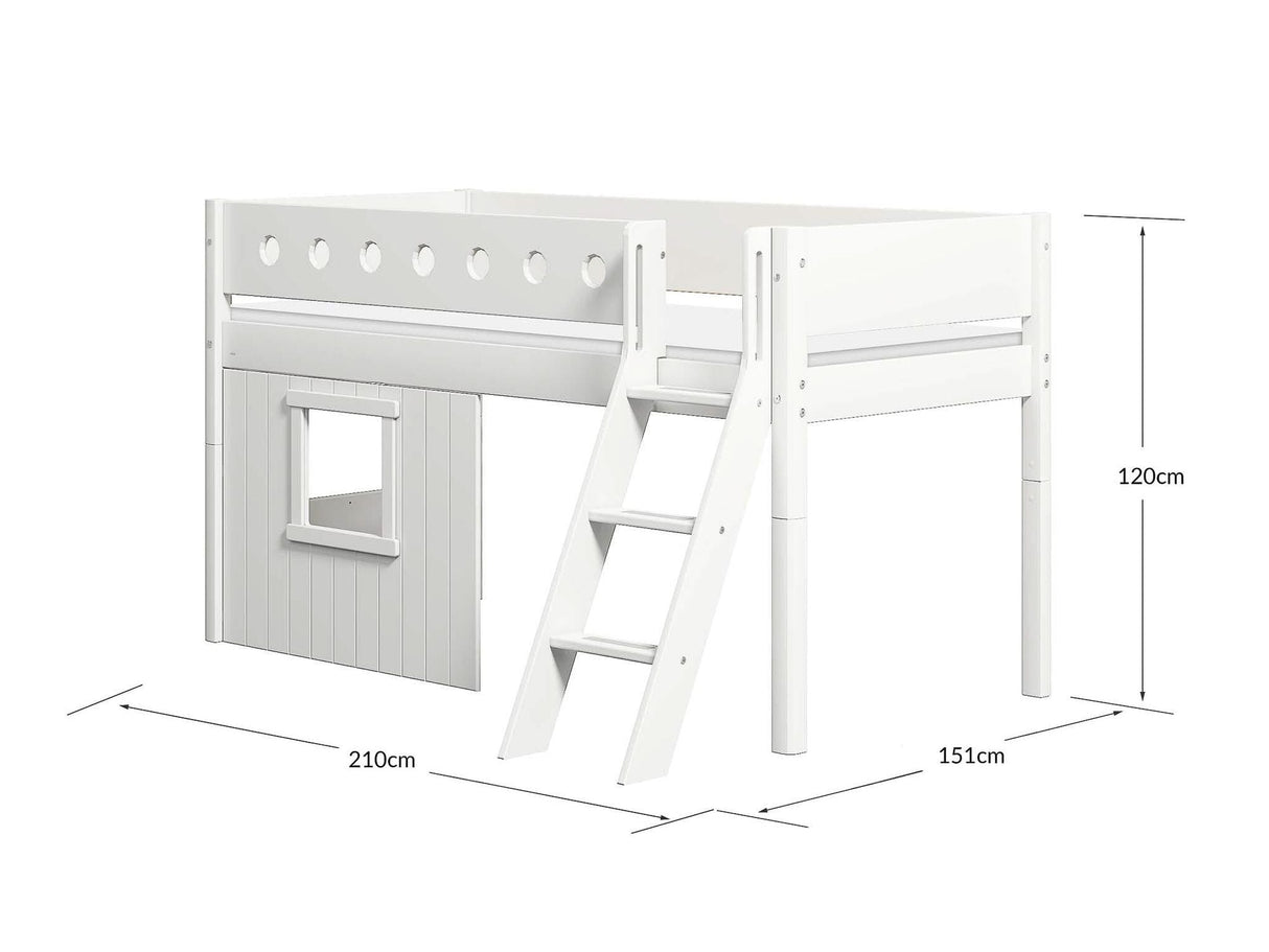 FLEXA Mid Sleeper Bed, slanted ladder & Treehouse Bed Fronts, white frame, MDF/Solid Pine, 90x200 cm
