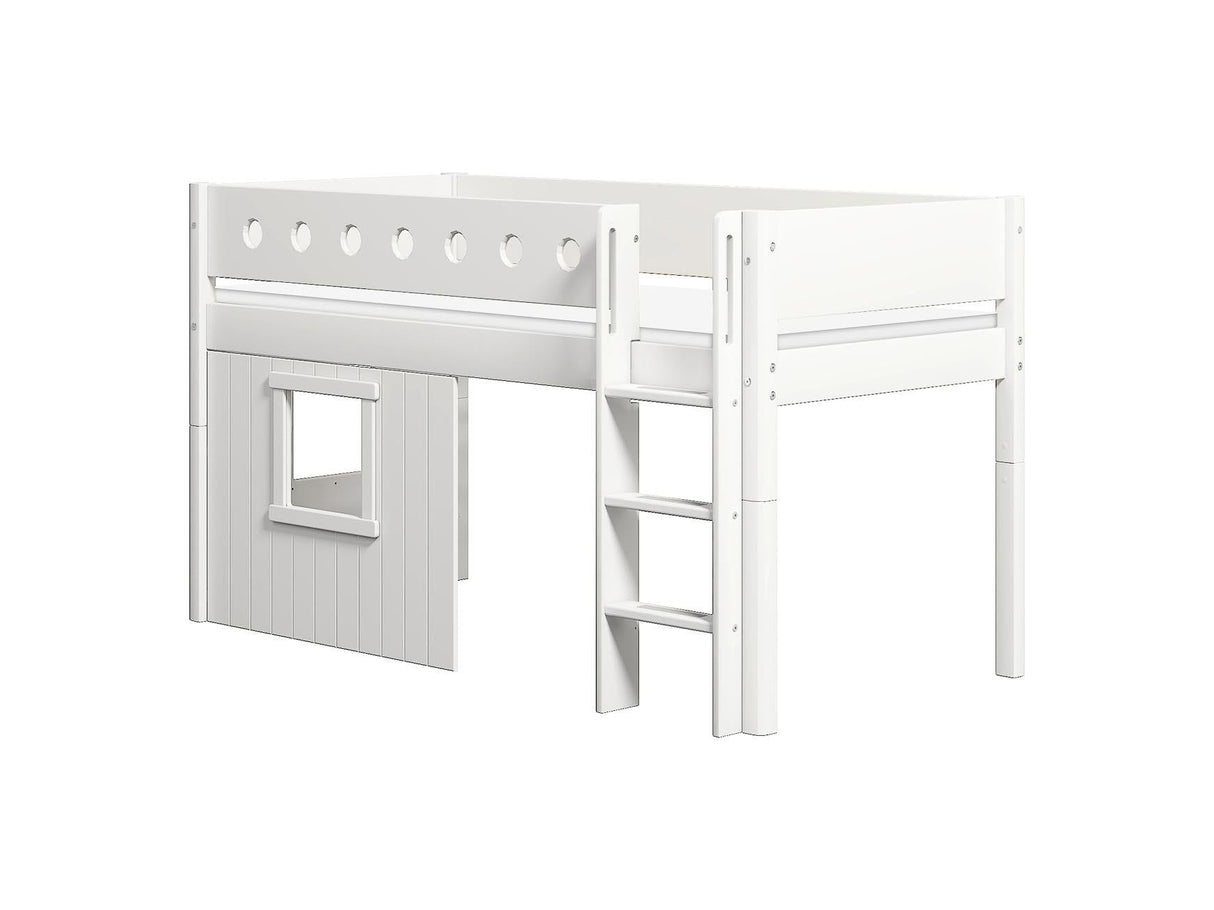 FLEXA Mid Sleeper Bed with straight ladder & Treehouse Bed Fronts, white frame, MDF/Solid Pine, 90x200 cm