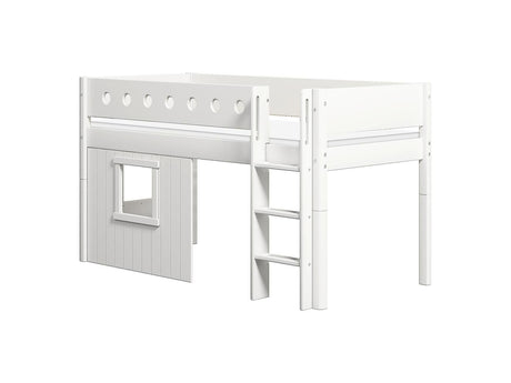 FLEXA Mid Sleeper Bed with straight ladder & Treehouse Bed Fronts, white frame, MDF/Solid Pine, 90x200 cm