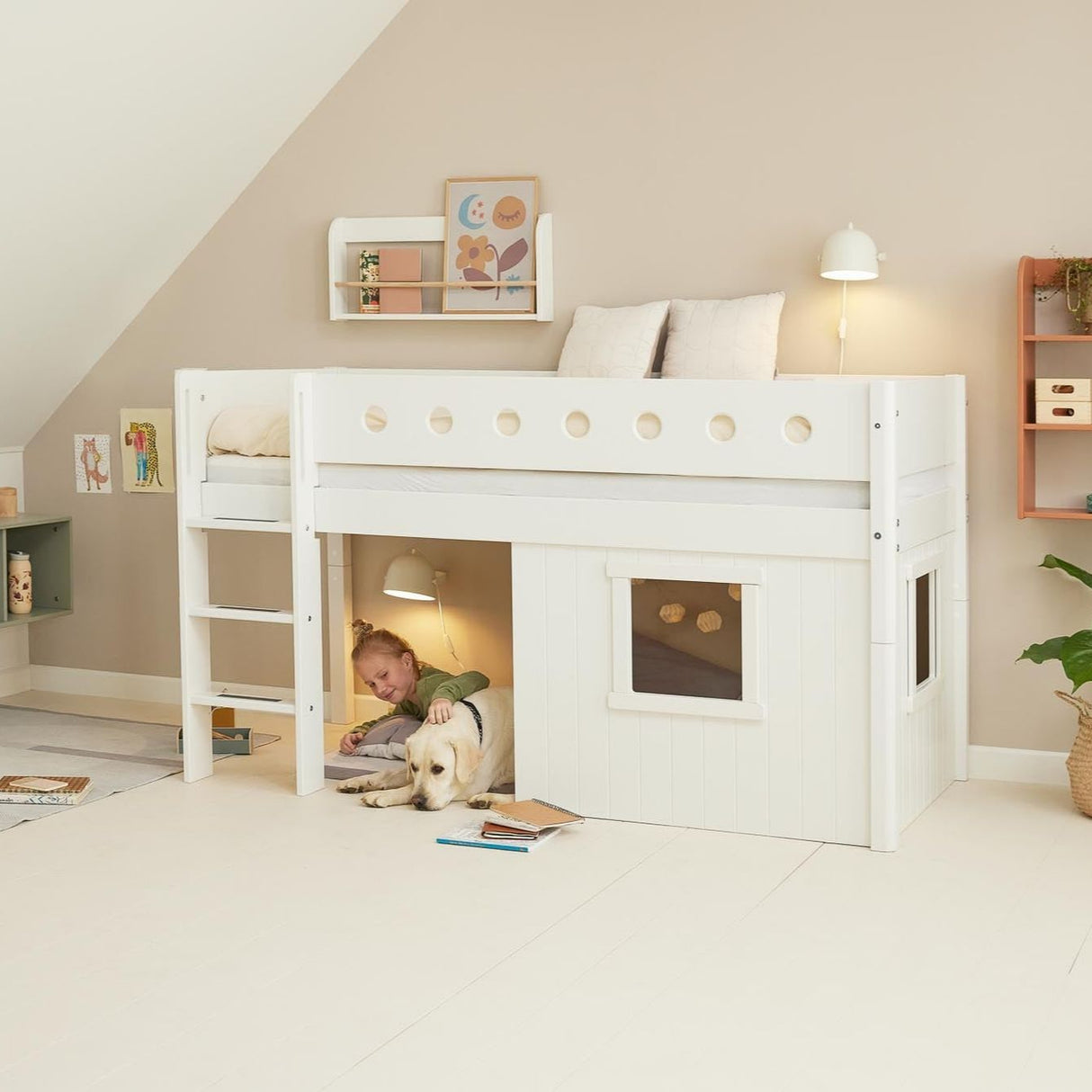FLEXA Mid Sleeper Bed with straight ladder & Treehouse Bed Fronts, white frame, MDF/Solid Pine, 90x200 cm