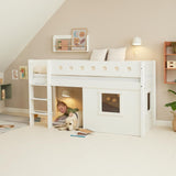 FLEXA Mid Sleeper Bed with straight ladder & Treehouse Bed Fronts, white frame, MDF/Solid Pine, 90x200 cm