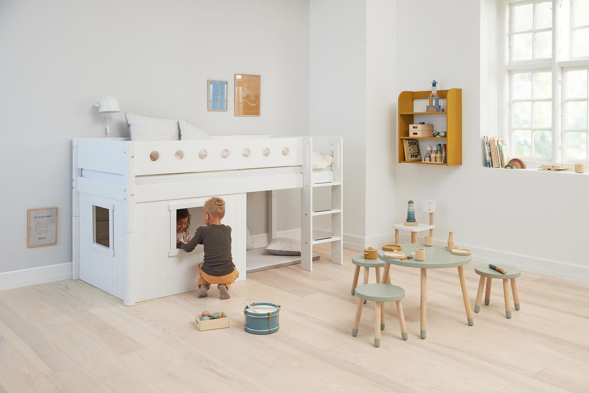 FLEXA Mid Sleeper Bed with straight ladder & Treehouse Bed Fronts, white frame, MDF/Solid Pine, 90x200 cm