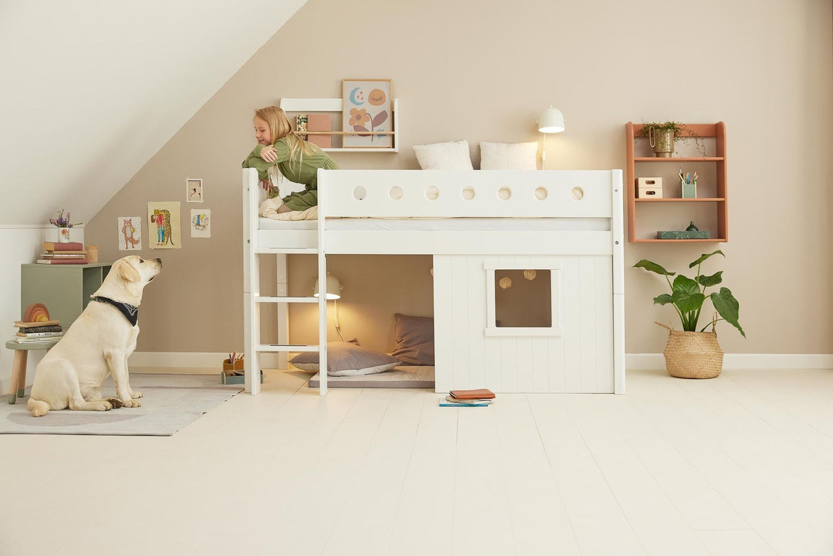 FLEXA Mid Sleeper Bed with straight ladder & Treehouse Bed Fronts, white frame, MDF/Solid Pine, 90x200 cm