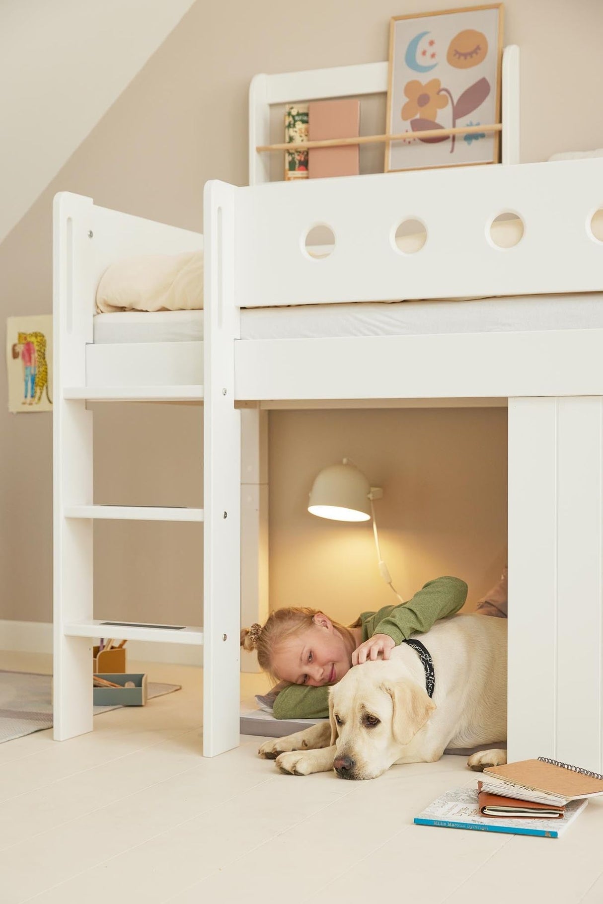 FLEXA Mid Sleeper Bed with straight ladder & Treehouse Bed Fronts, white frame, MDF/Solid Pine, 90x200 cm