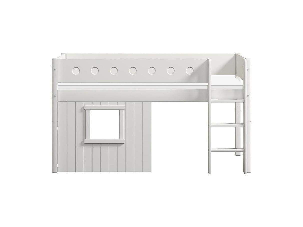 FLEXA Mid Sleeper Bed with straight ladder & Treehouse Bed Fronts, white frame, MDF/Solid Pine, 90x200 cm