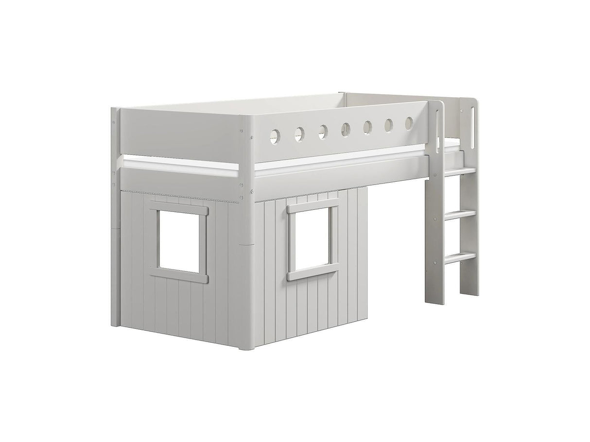FLEXA Mid Sleeper Bed with straight ladder & Treehouse Bed Fronts, white frame, MDF/Solid Pine, 90x200 cm