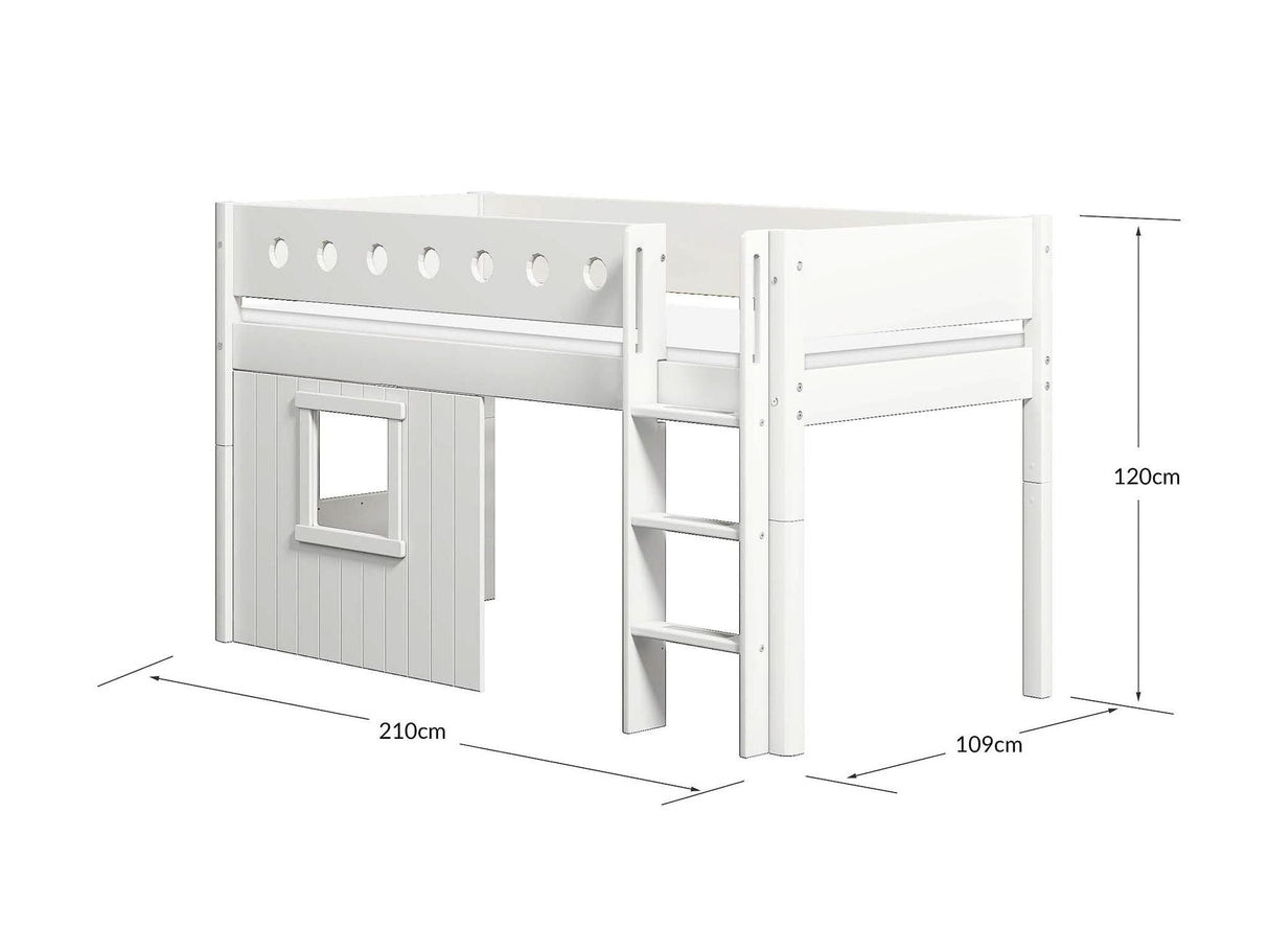 FLEXA Mid Sleeper Bed with straight ladder & Treehouse Bed Fronts, white frame, MDF/Solid Pine, 90x200 cm