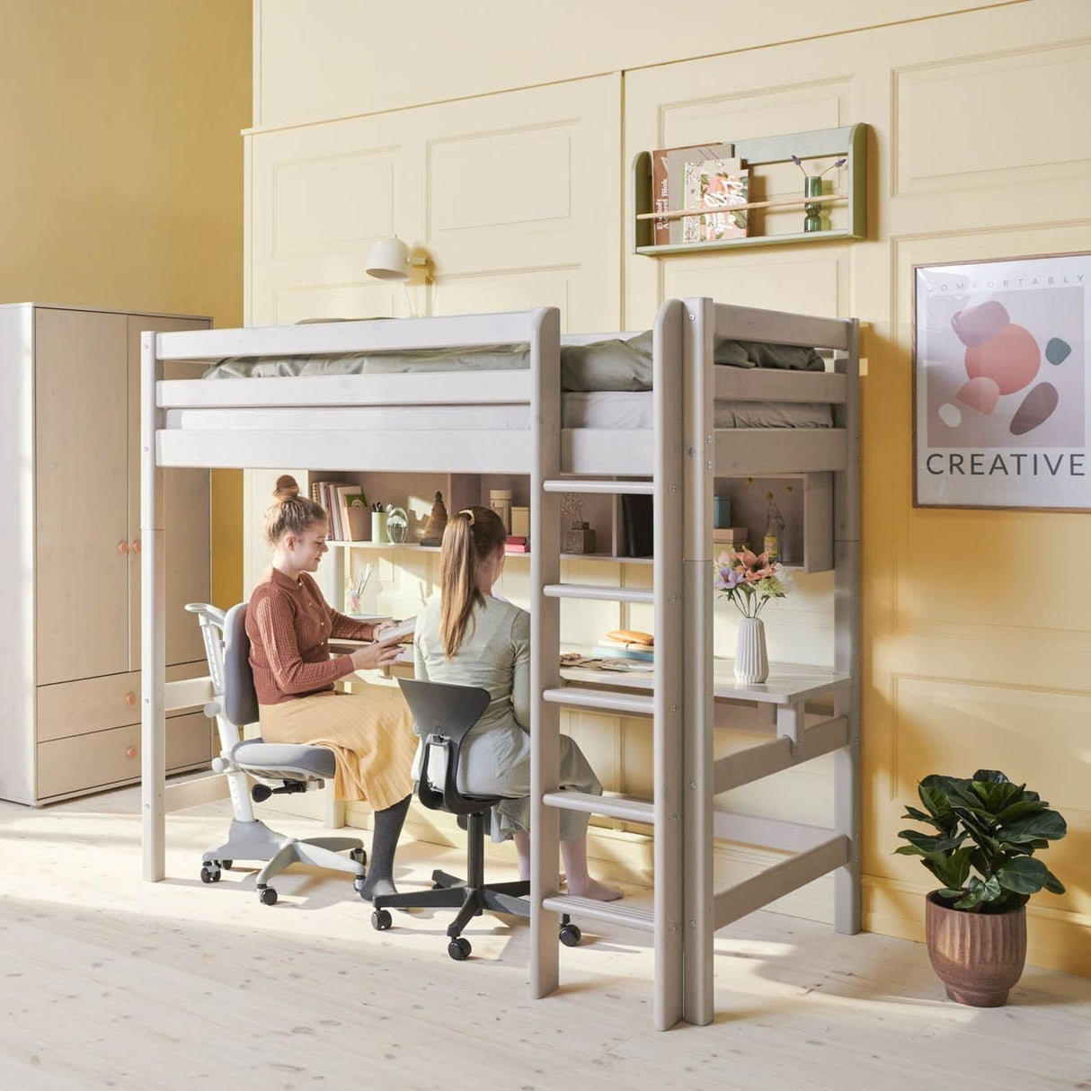 FLEXA High Sleeper Bed with Desk - Straight Ladder 90x200 cm