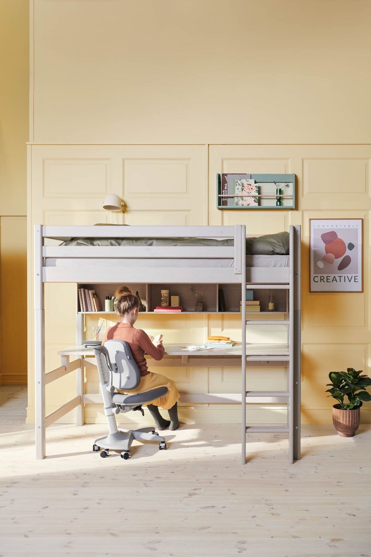 FLEXA High Sleeper Bed with Desk - Straight Ladder 90x200 cm