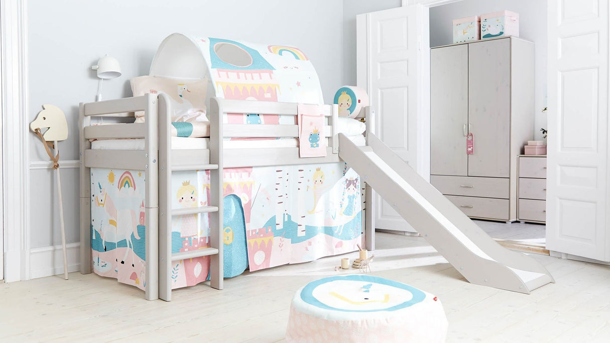FLEXA Mid Sleeper Bed w. straight ladder and slide, Solid Pine/Birch Plywood, 90x200 cm