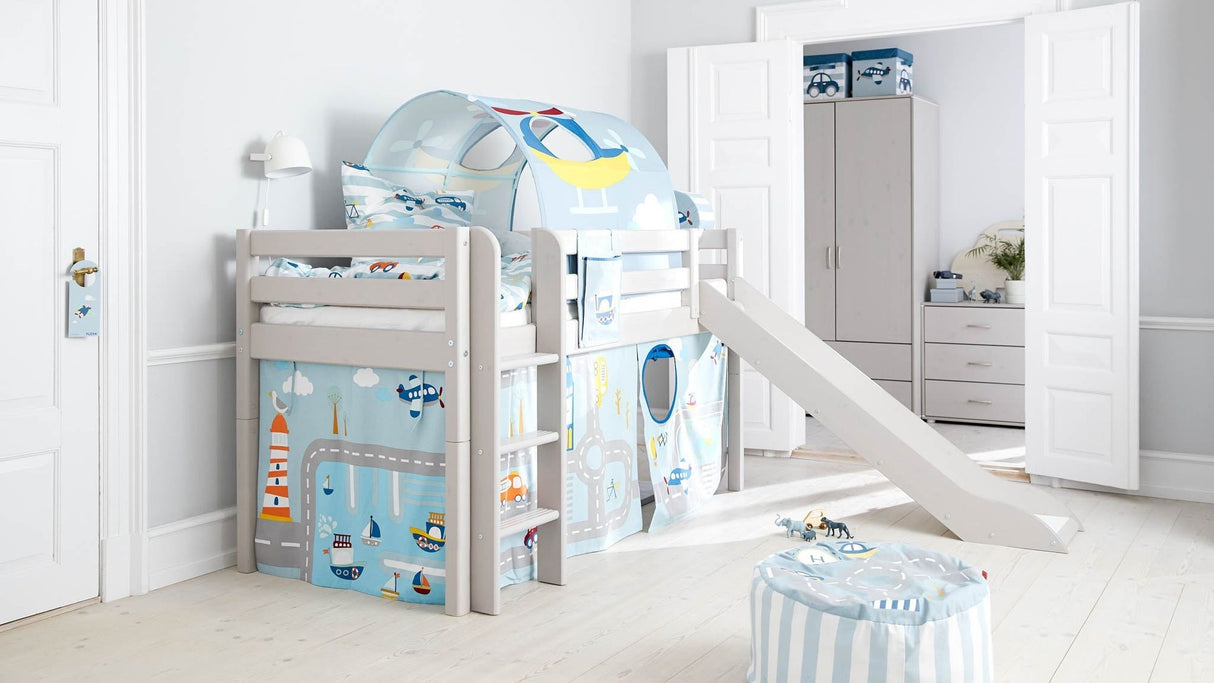 FLEXA Mid Sleeper Bed w. straight ladder and slide, Solid Pine/Birch Plywood, 90x200 cm