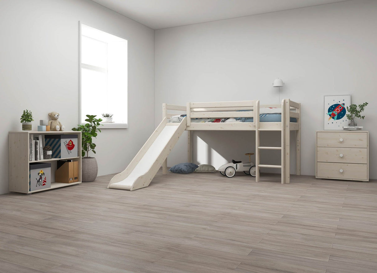 FLEXA Classic Mid Sleeper Bed with straight ladder and slide, Solid Pine/Birch Plywood, 90x200 cm