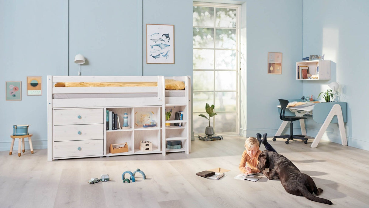 FLEXA Classic Mid Sleeper Bed with straight ladder, Solid Pine/Birch Plywood, 90x200 cm