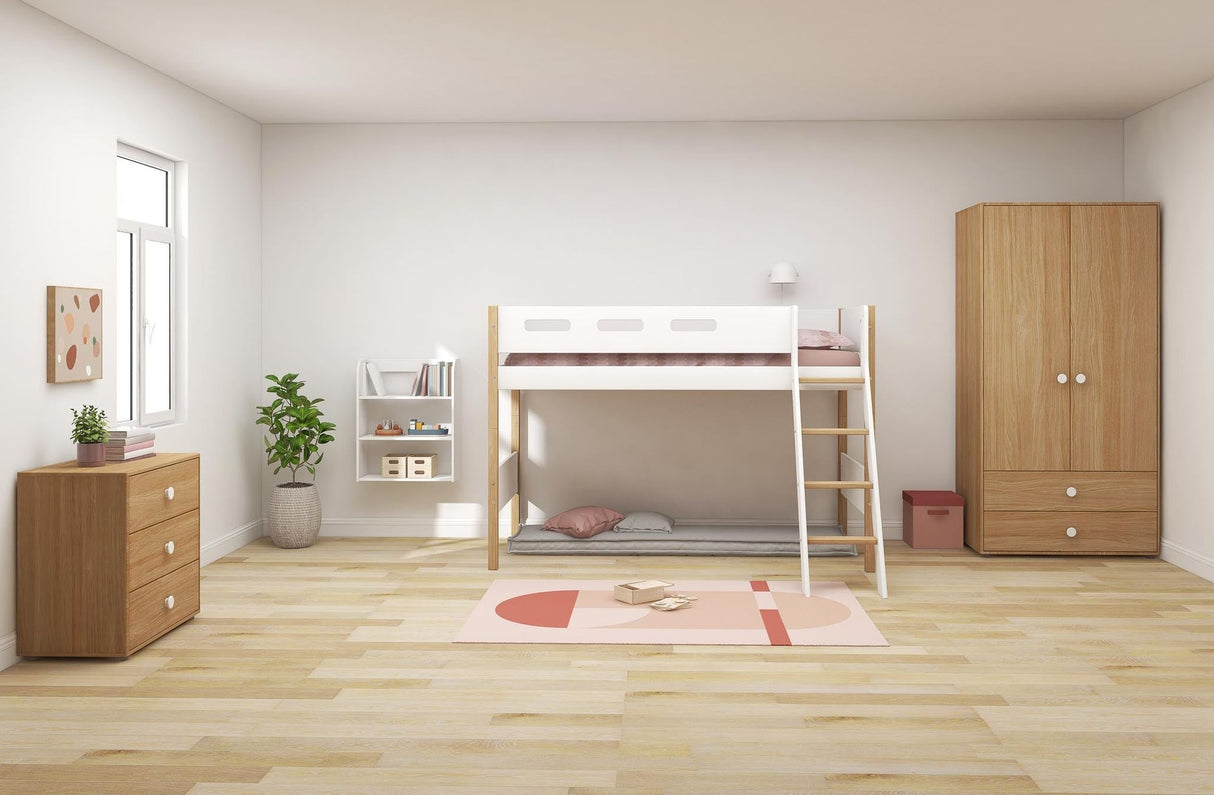 FLEXA Nor Mid Sleeper Bed with slanting ladder, MDF/Solid oak, 90x200 cm