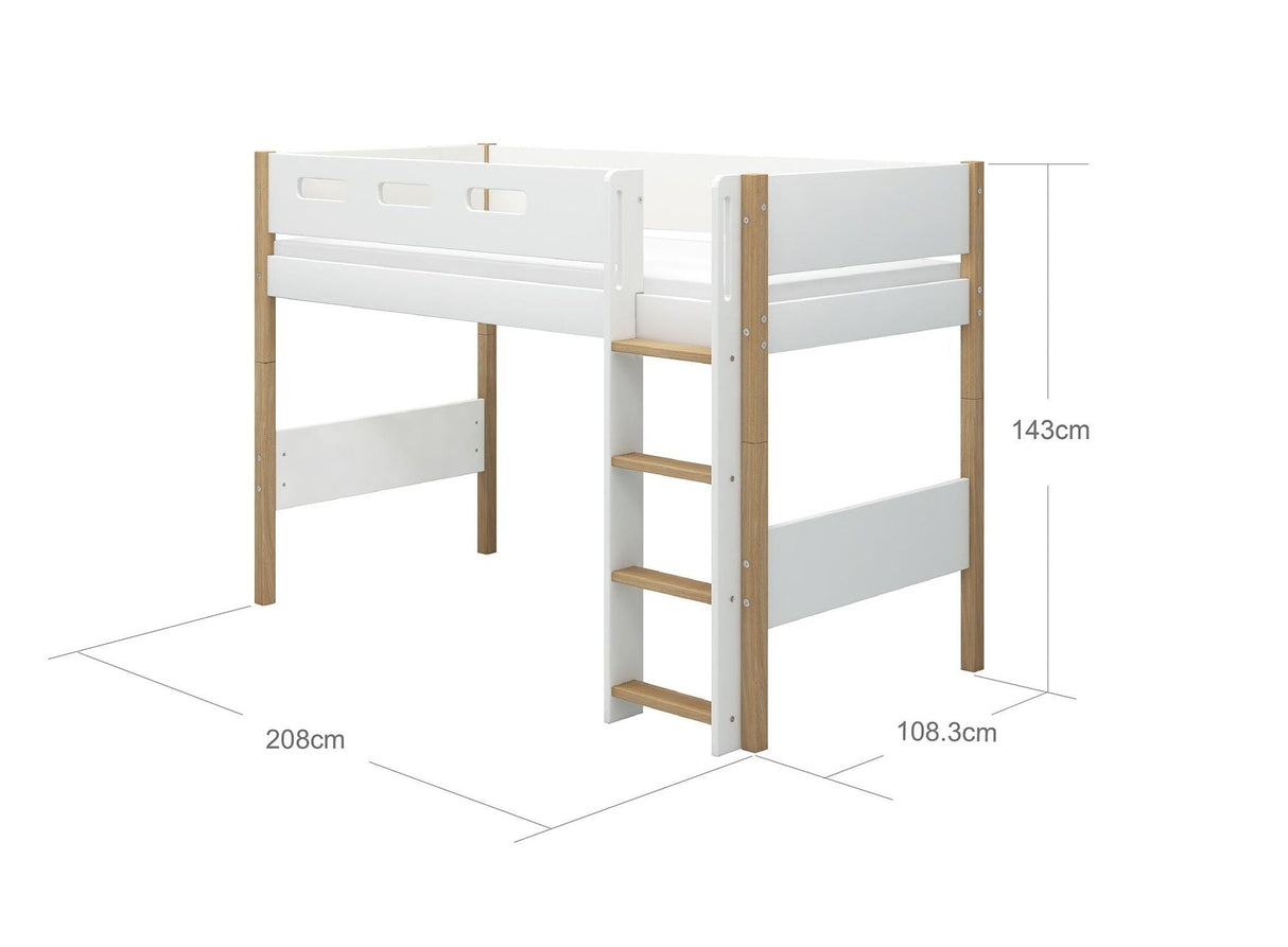 FLEXA Nor Mid Sleeper Bed with straight ladder, MDF/Solid oak, 90x200 cm