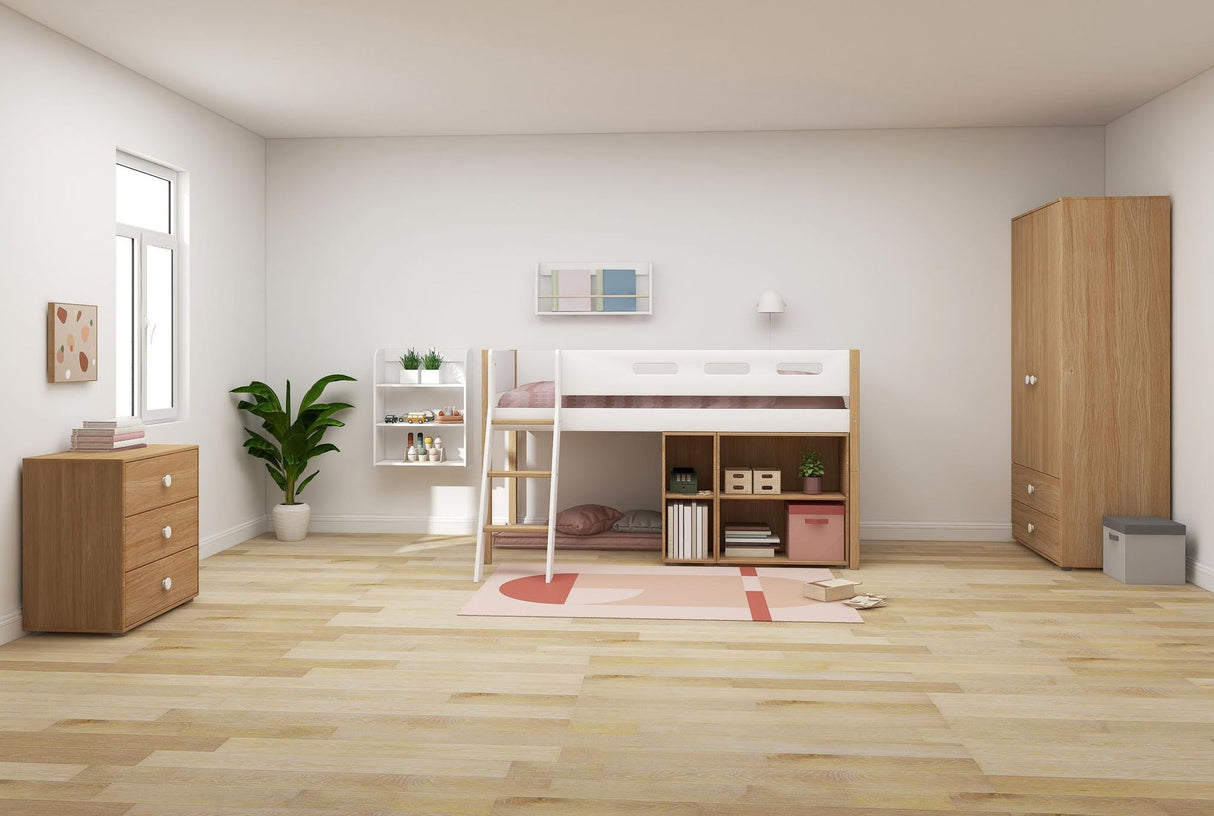 FLEXA Nor Mid Sleeper Bed with slanting ladder, MDF/Solid oak, 90x200 cm