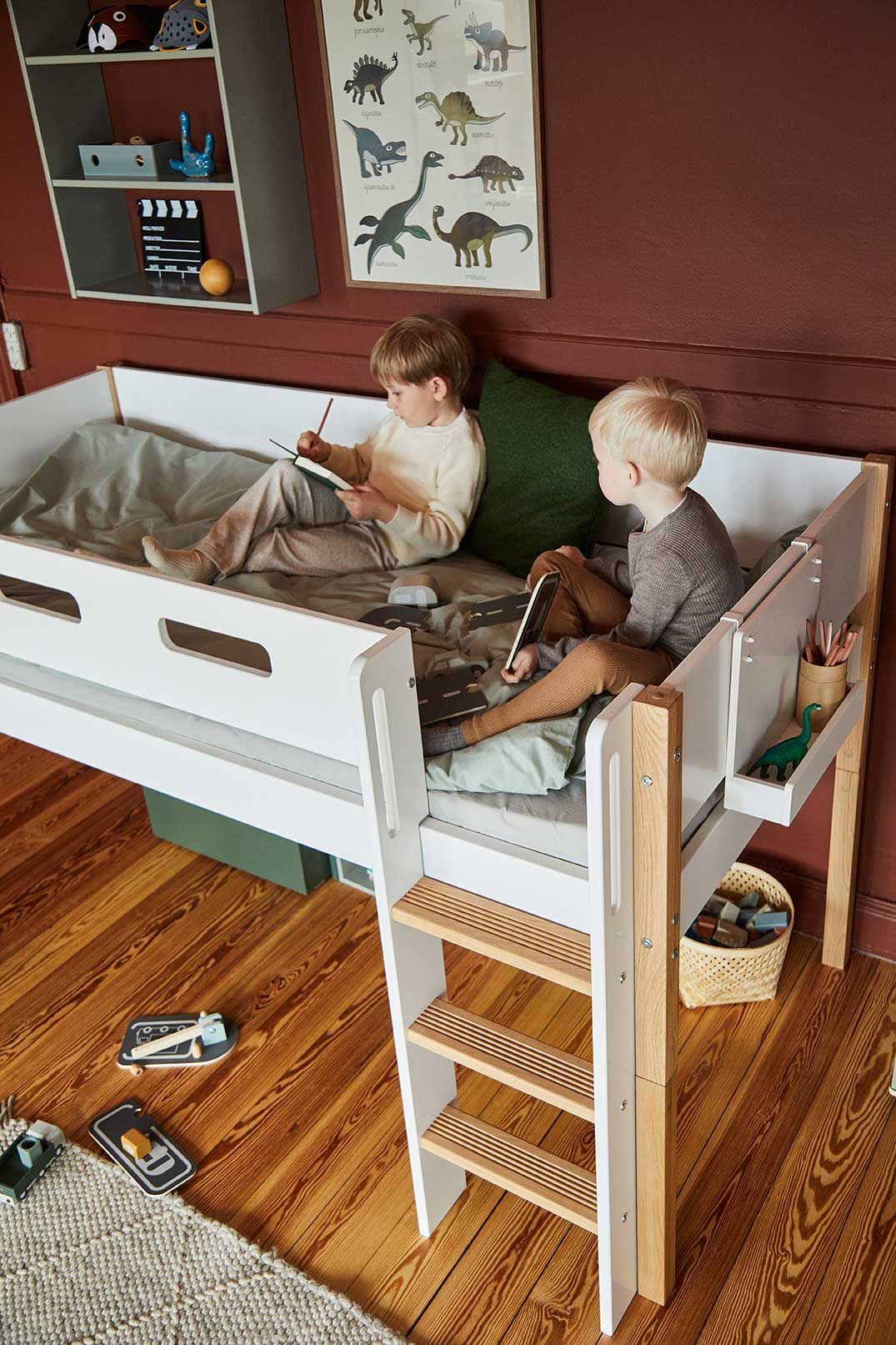 FLEXA Nor Mid Sleeper Bed with straight ladder, MDF/Solid oak, 90x200 cm