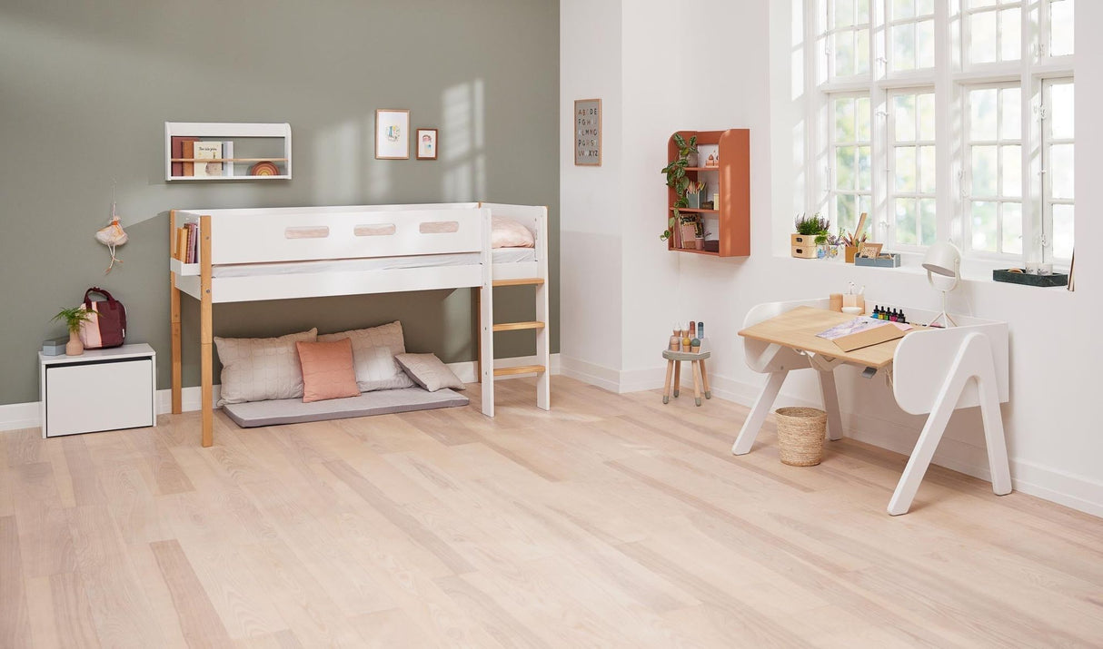 FLEXA Nor Mid Sleeper Bed with straight ladder, MDF/Solid oak, 90x200 cm