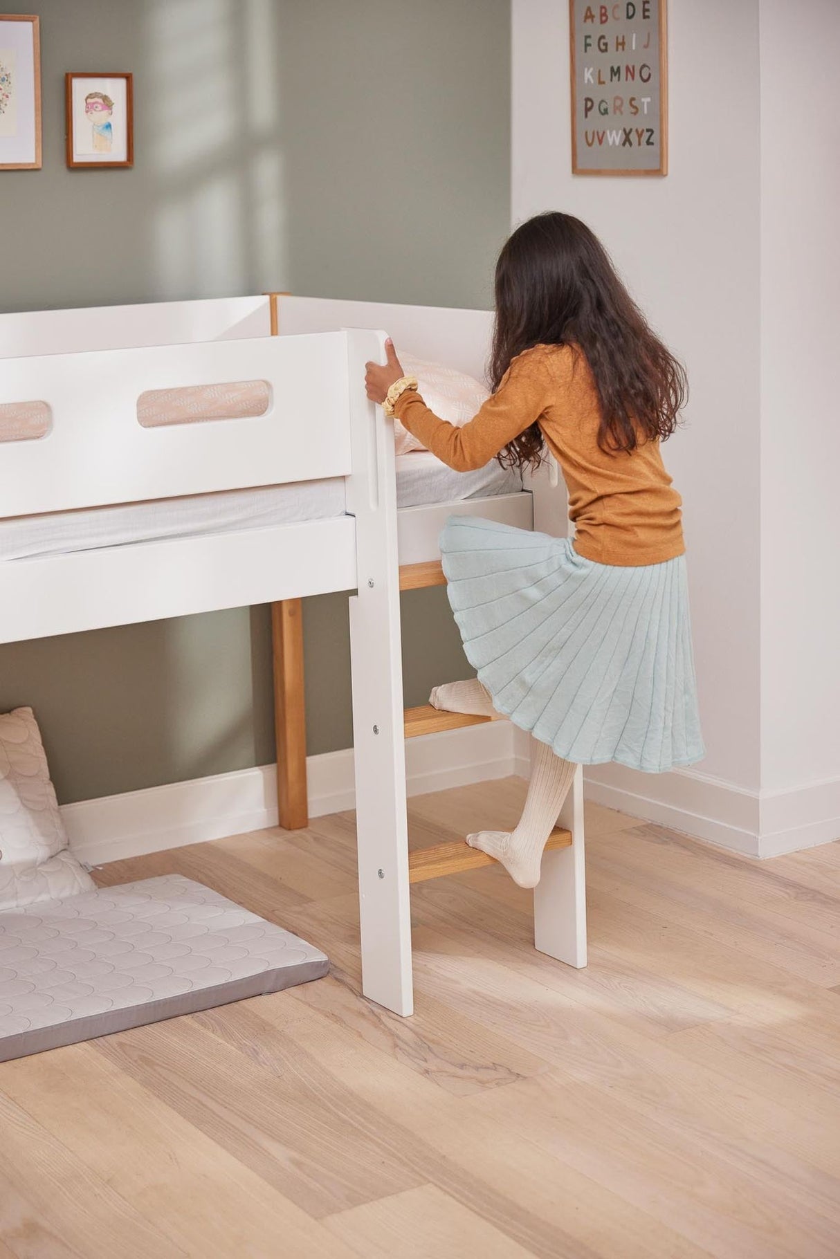 FLEXA Nor Mid Sleeper Bed with straight ladder, MDF/Solid oak, 90x200 cm