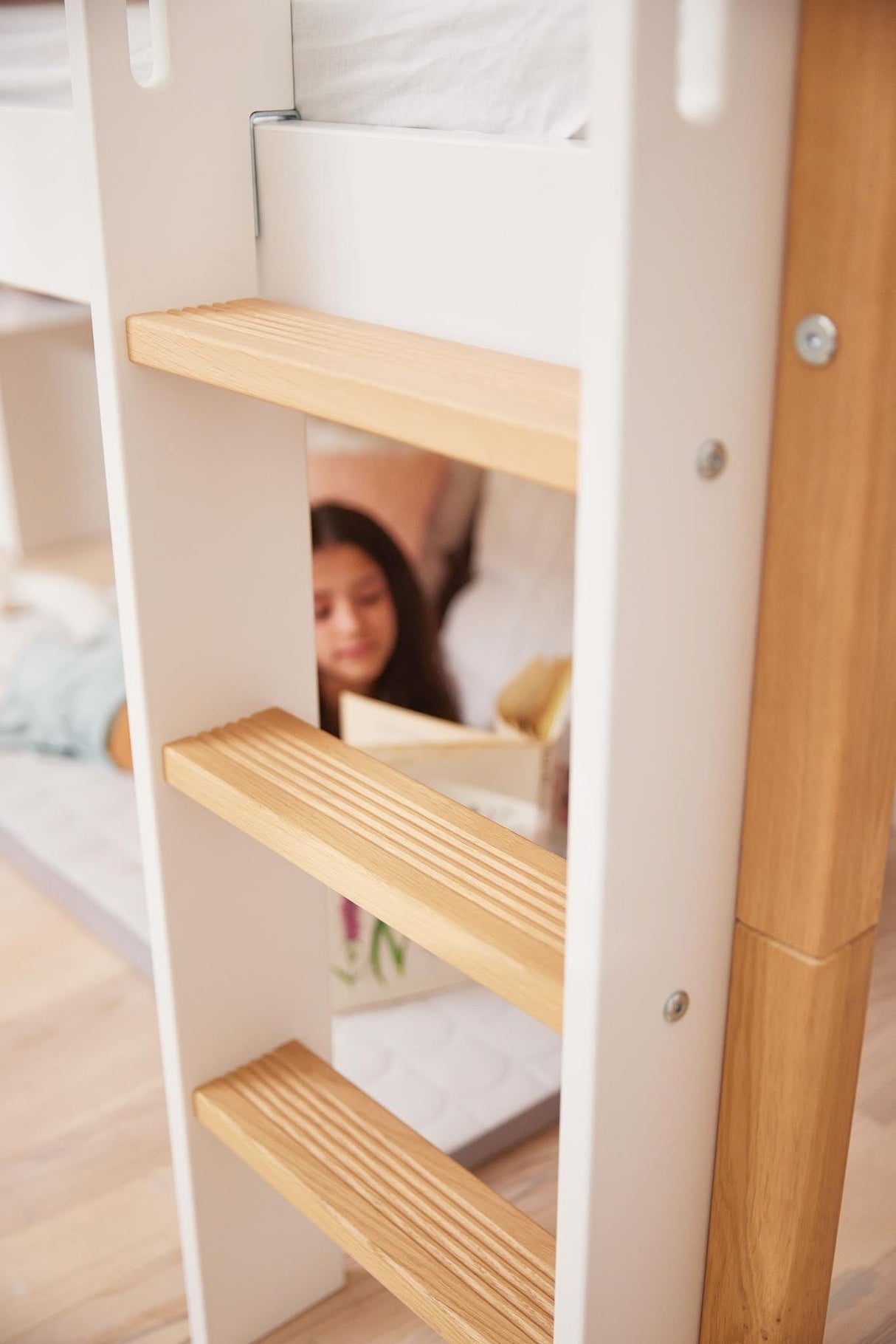 FLEXA Nor Mid Sleeper Bed with straight ladder, MDF/Solid oak, 90x200 cm